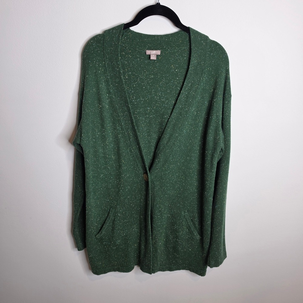 J. Jill Cardigan Sweater Womens Medium Petite Green Speckled Cotton Angora Blend